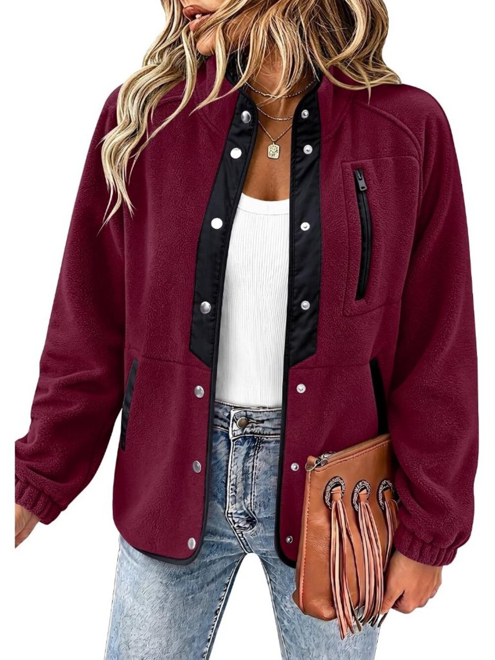 Women's Wine Red Fleece Jacket Western Aztec Print Snap Button Down Outerwear